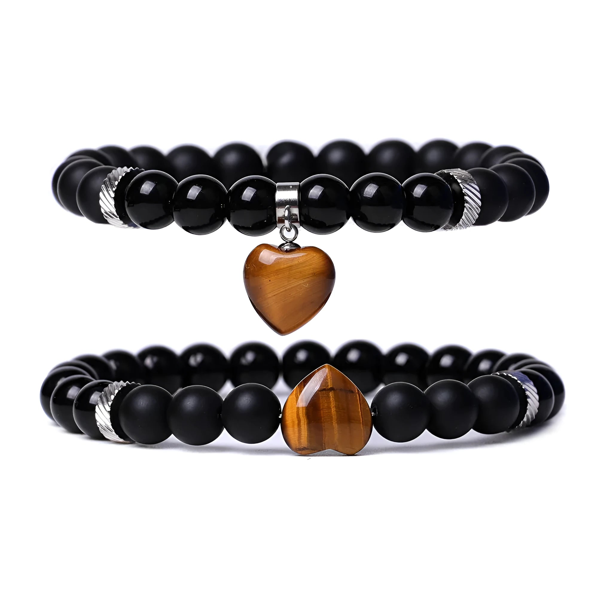 Natural stone couple love bracelet suit with two matching heart-shaped gemstone bracelets