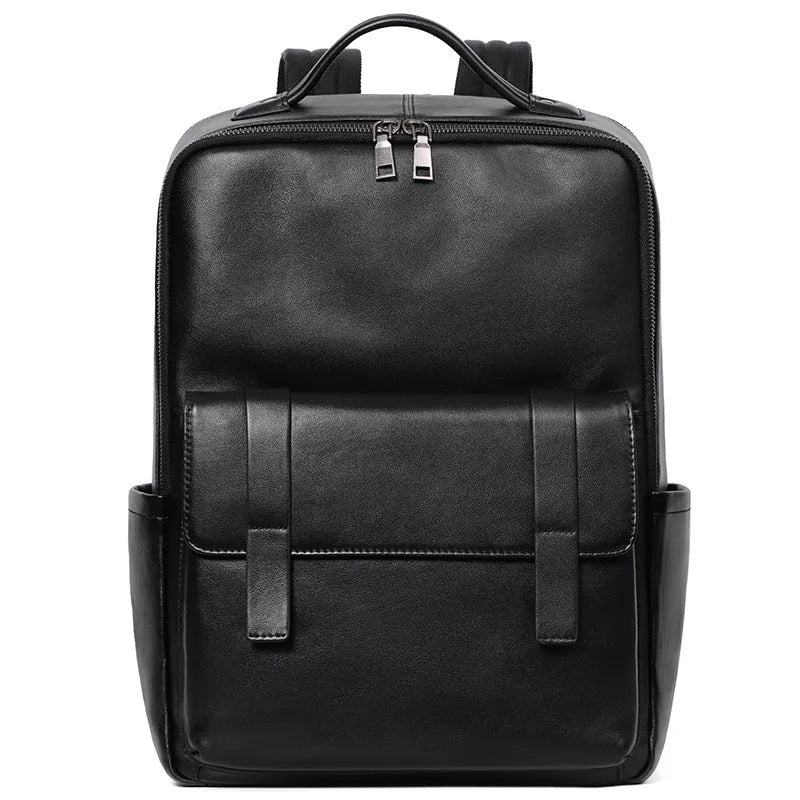Large black leather men's computer backpack with weaving detail and a physiological curve back.