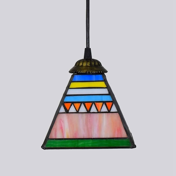 Art stained glass droplight with coloured glass shade and iron ceiling plate