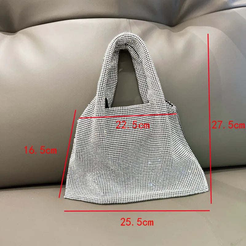 Silver shiny rhinestone handbag made of cotton thread with open pocket, designed for evening parties and dinners.
