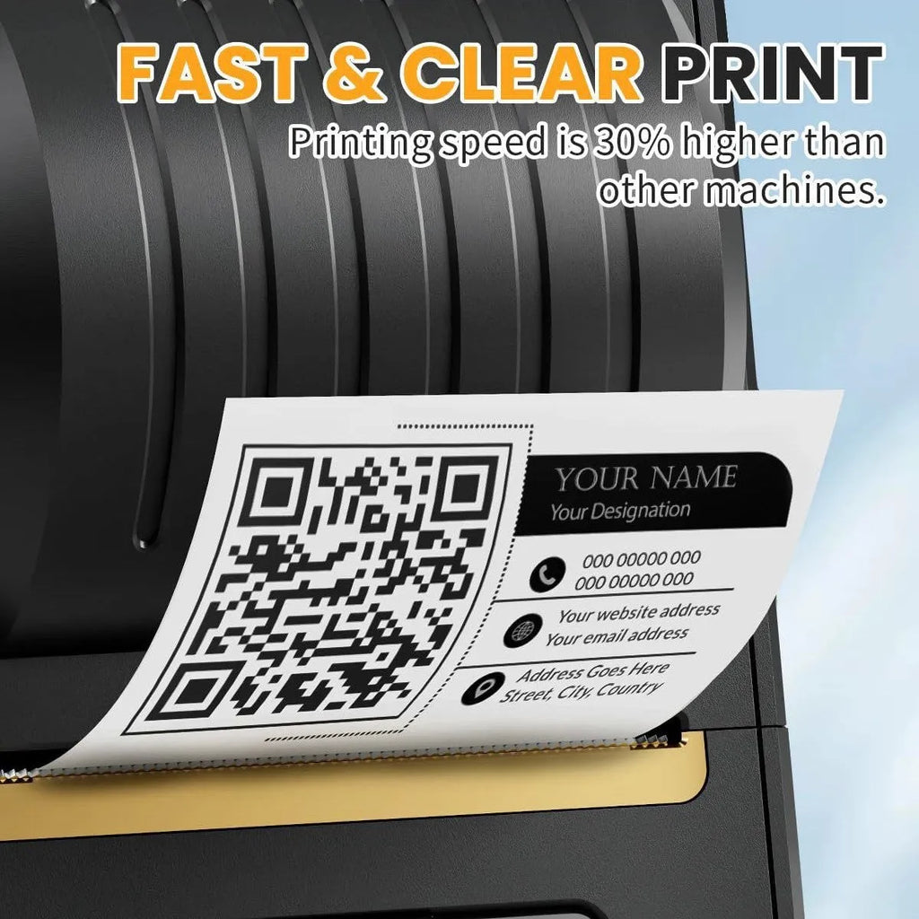 Black Bluetooth portable thermal label printer with a Type-C charging port and a roll of 40x30mm labels visible