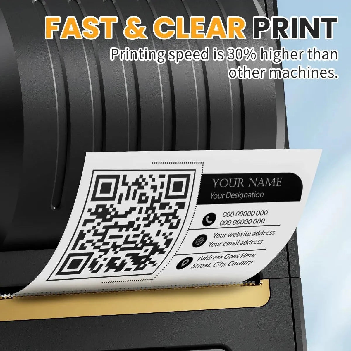 Black Bluetooth portable thermal label printer with a Type-C charging port and a roll of 40x30mm labels visible