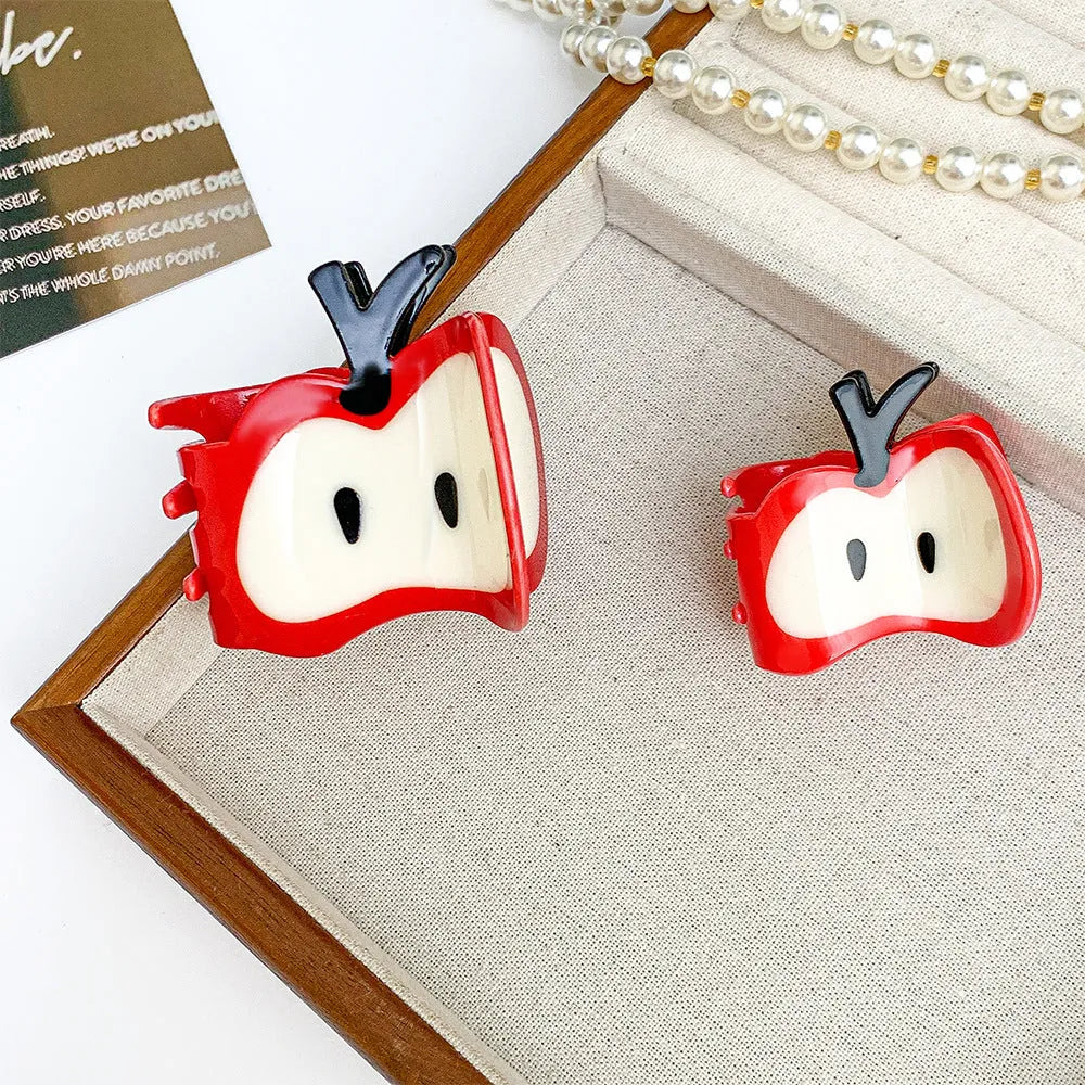 Large red spliced handmade hair clip with apple design and grip, 6.5cm length, for women