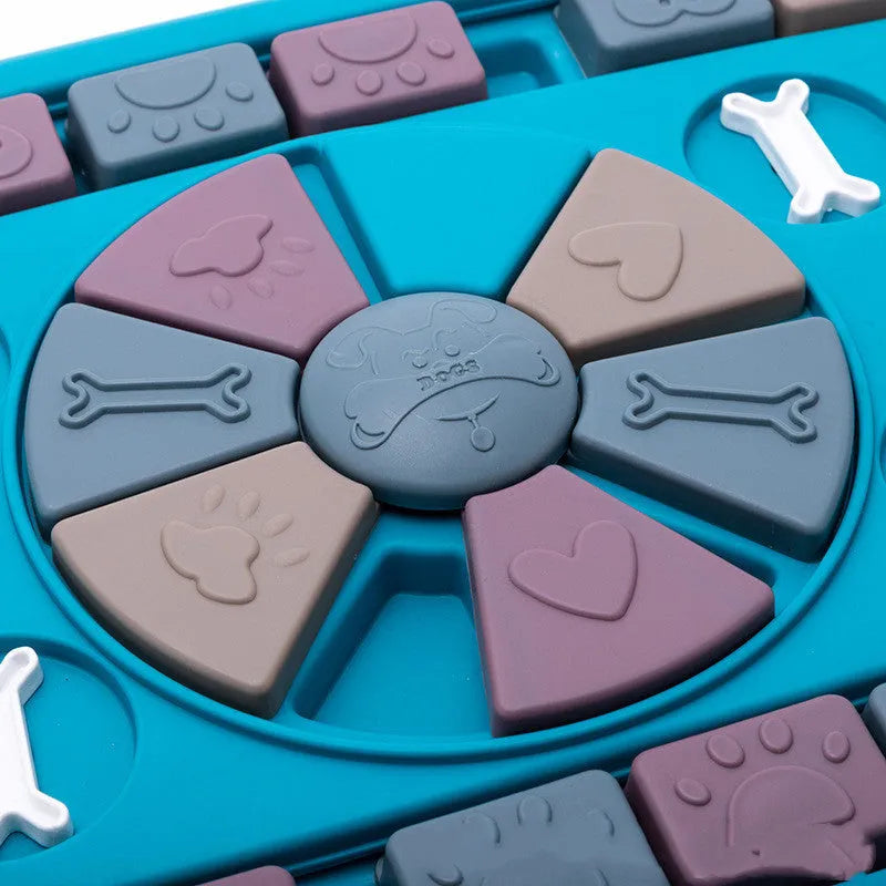 Blue interactive dog puzzle toy with four switches and sliding panel on anti-skid base