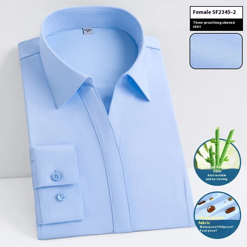 Men's slim fit bamboo fibre business shirt in a solid colour with square collar, shown in waterproof and stain resistant fabric.