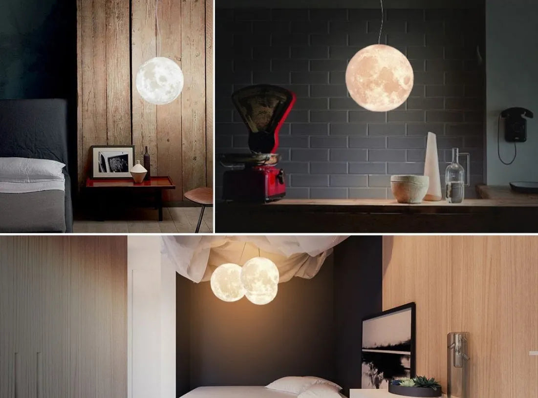LED moon light chandelier with 3D printed shade, solid wood hanging line, remote control 16 colours