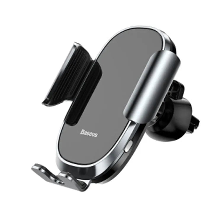 Universal smart car bracket holding smartphone, showing adjustable gripping arms in silvery metallic finish