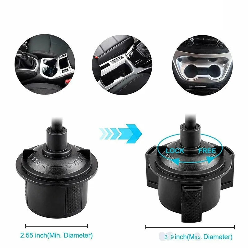Black car cup holder mobile phone mount with ABS and aluminium tube encapsulation, placed in car cup holder