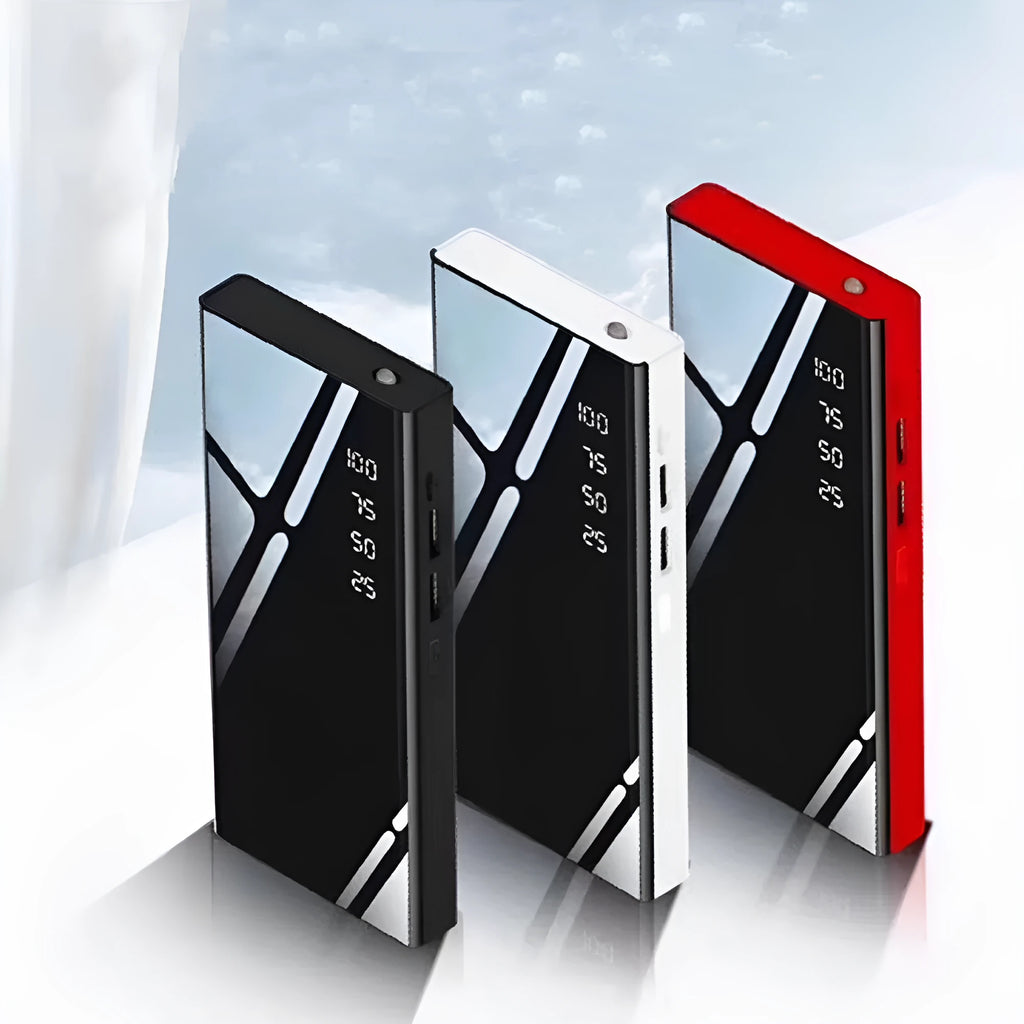 20000mAh power bank with LCD display and dual USB ports in black, red, or white colours