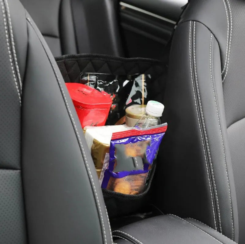 Black nylon car seat storage net pocket between front seats, 27x39x10cm universal fit