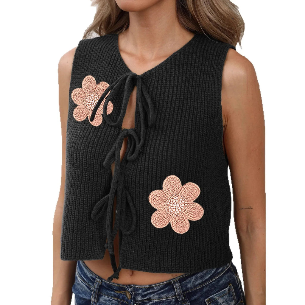 White ladies lace-up vest cardigan with bow front and floral pattern on deer plush fabric