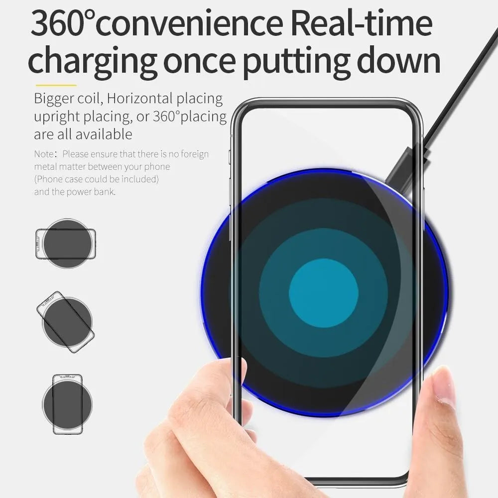 Ultra-thin black wireless fast charging pad measuring 98mm square with USB cable