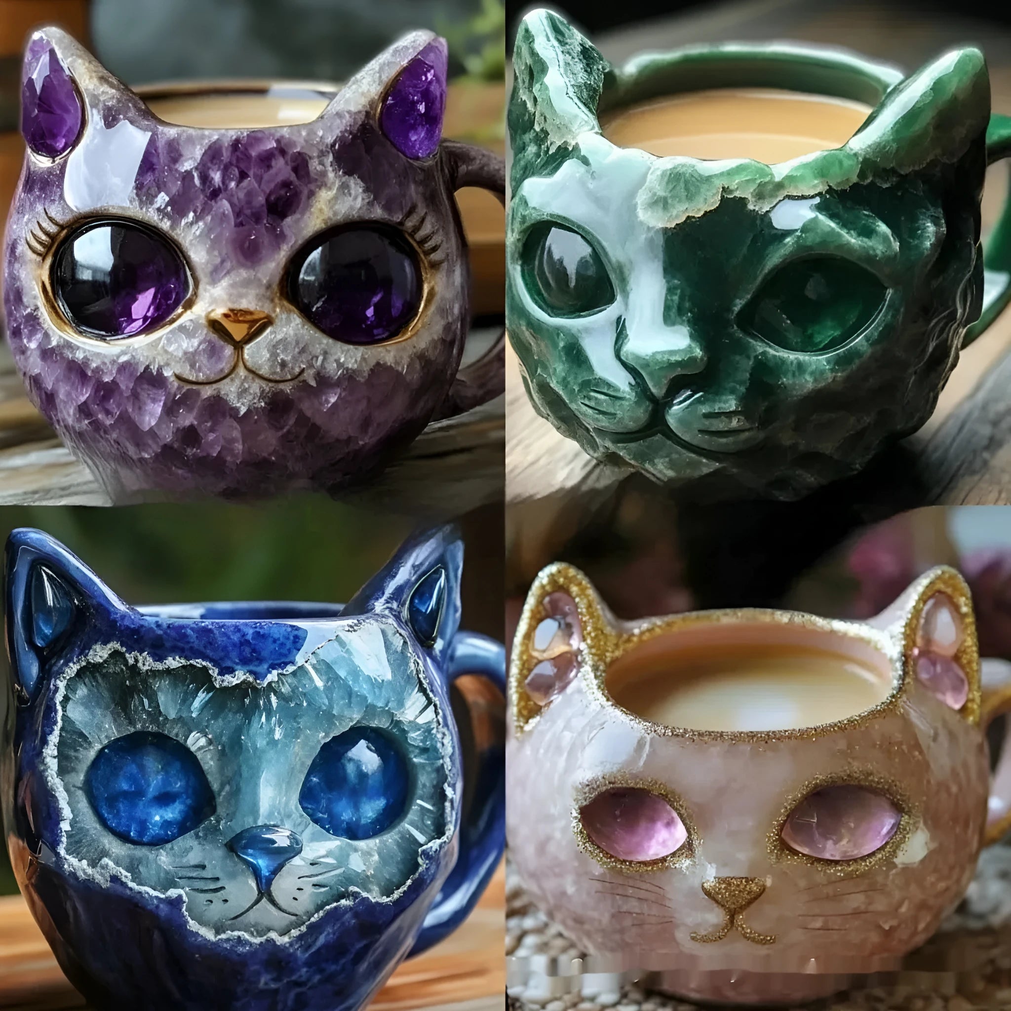Purple geode mug with crystal cat design, synthetic resin craft measuring 11cm tall