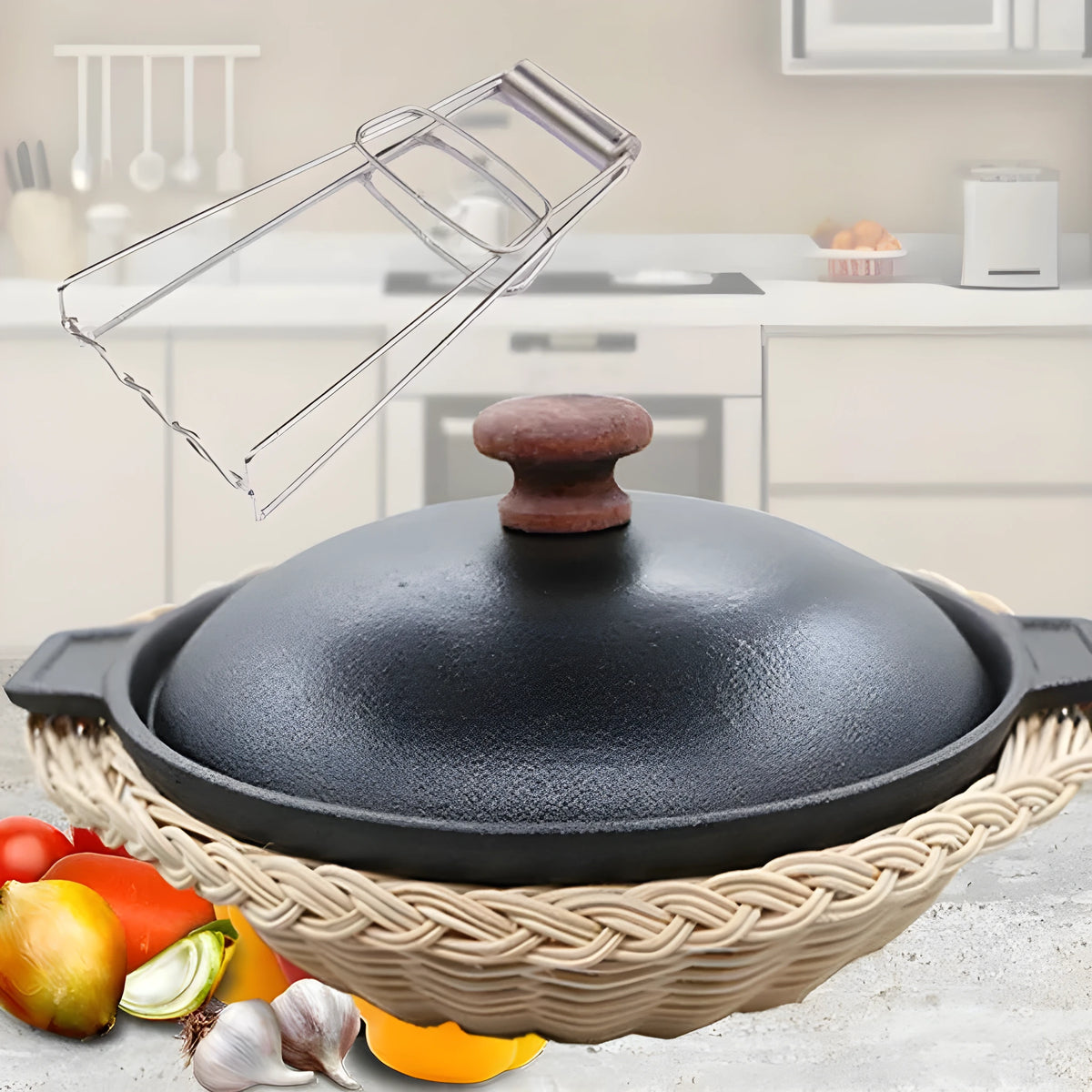 Silver cast iron saucepan with lid on induction hob, 22cm size