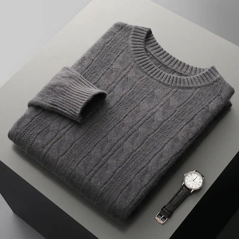 Men's double-strand thickened jacquard knitted pullover sweater in camel colour, loose fit, long sleeves