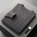 Men's double-strand thickened jacquard knitted pullover sweater in camel colour, loose fit, long sleeves
