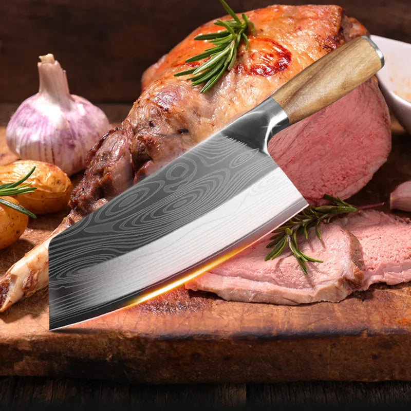 A long 320mm stainless steel kitchen knife with a forged 40Cr13 blade on a kitchen counter.