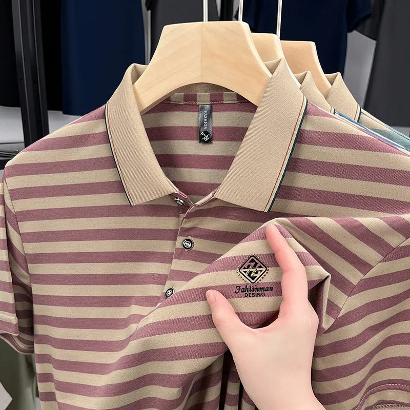 Men's red striped casual short sleeve shirt with a mosaic pattern on a mannequin.