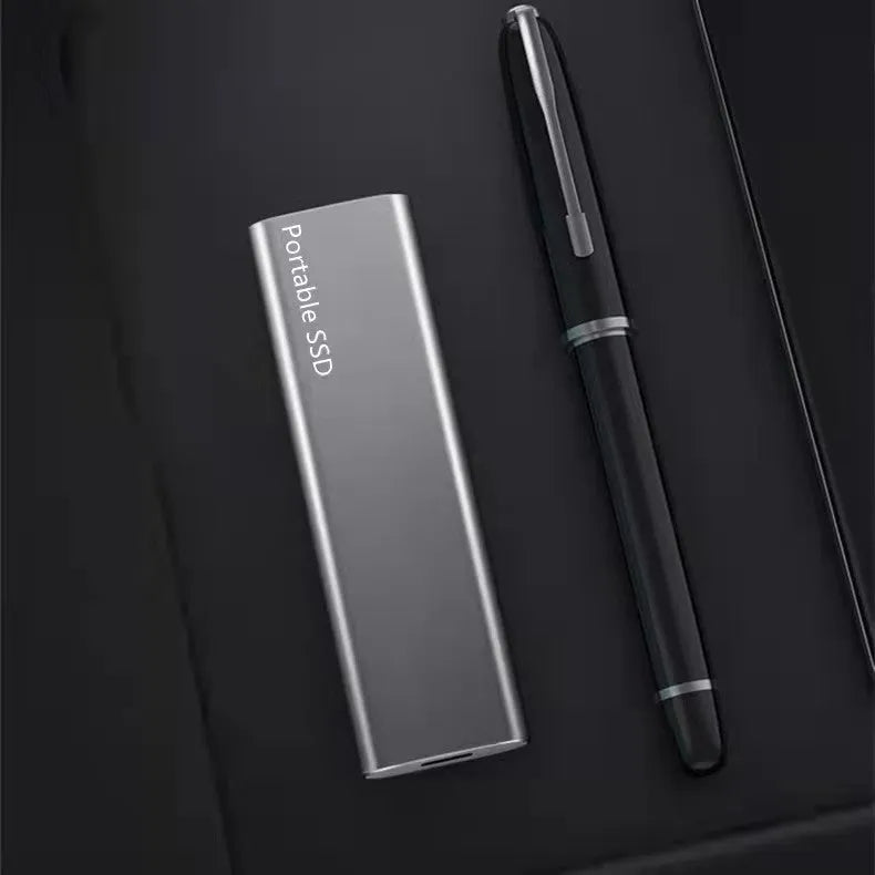 Ultra-thin metal mobile SSD external hard drive showing multiple capacity options and colour interfaces