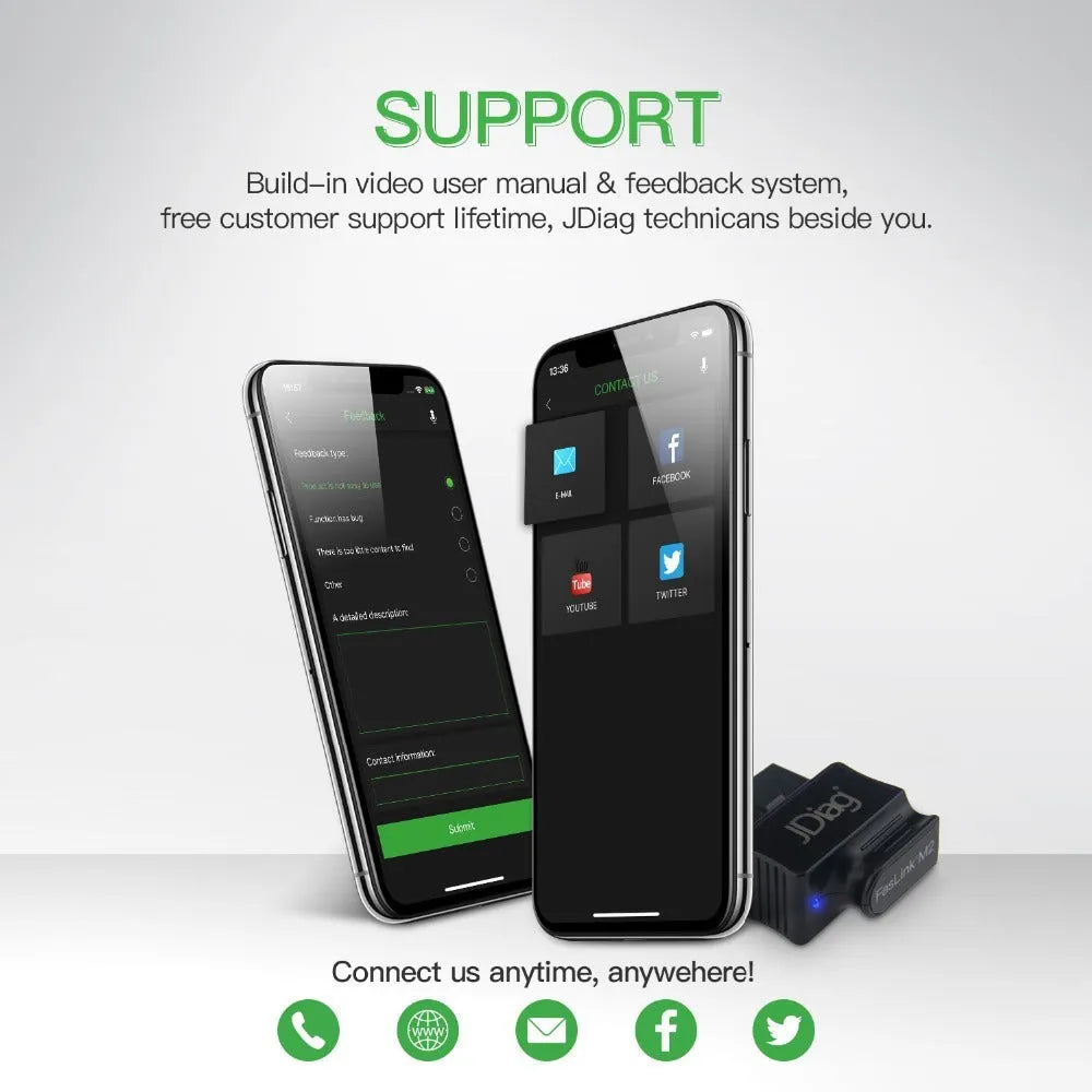 FasLink M2 OBD2 Bluetooth scanner with 16-pin port and non-slip shell for iPhone and Android