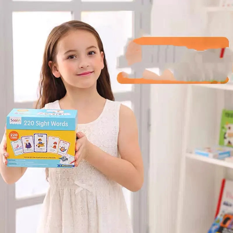 High frequency word card gift box set with 220 game cards and 5 workbooks for early phonics learning.