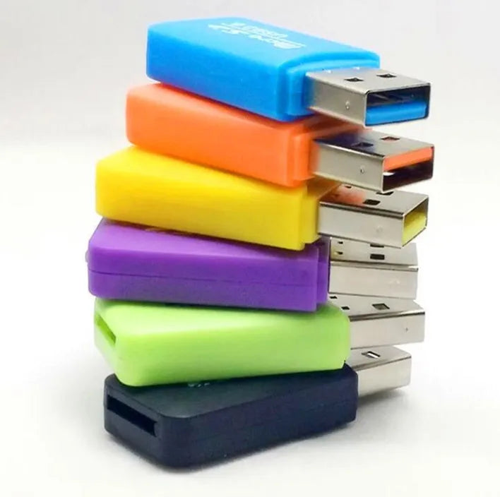 Mini USB card reader with integrated microSD (TF) card adapter for data transfer.