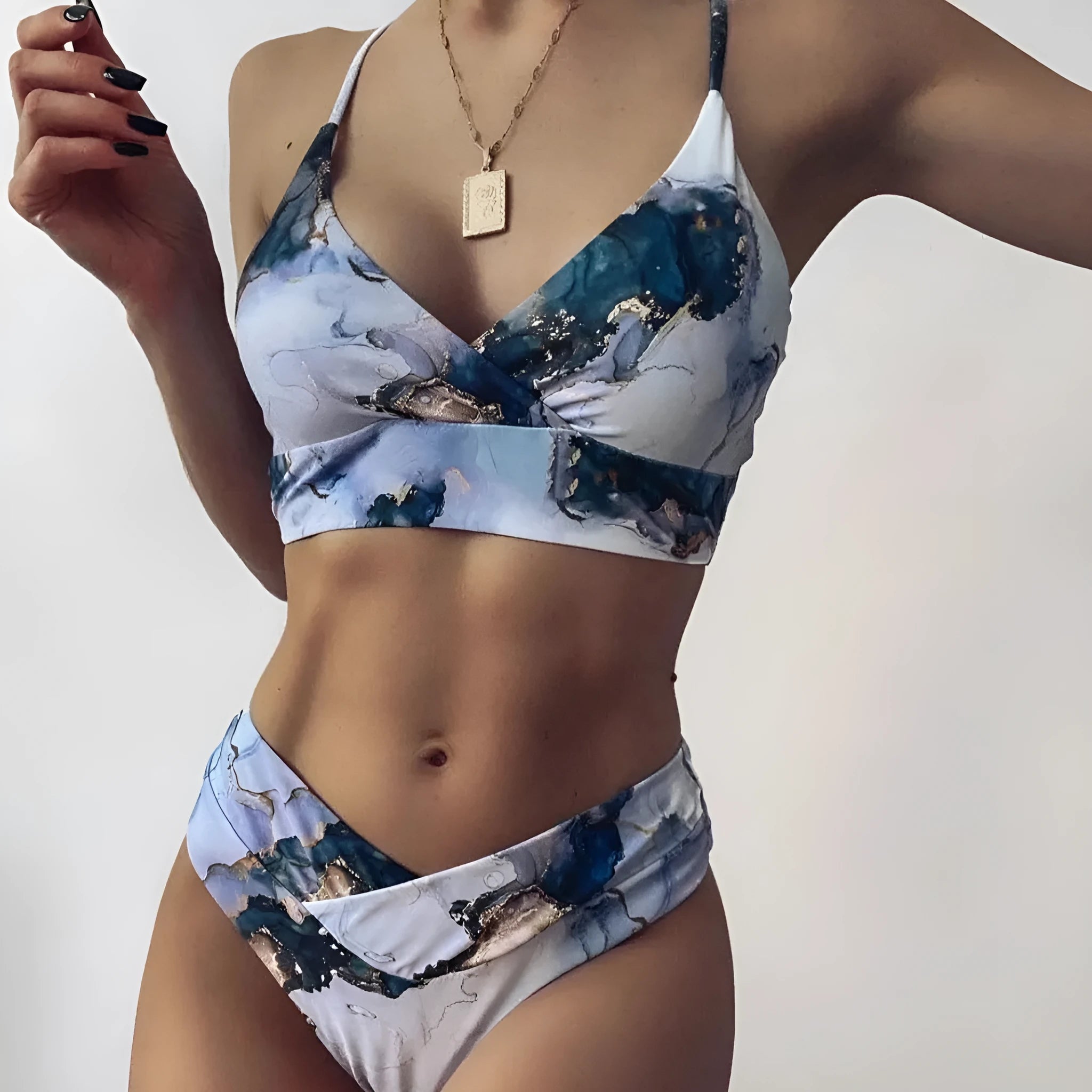 Women's marble tie-dye high waist bikini set with U-neck top and separated swimwear design
