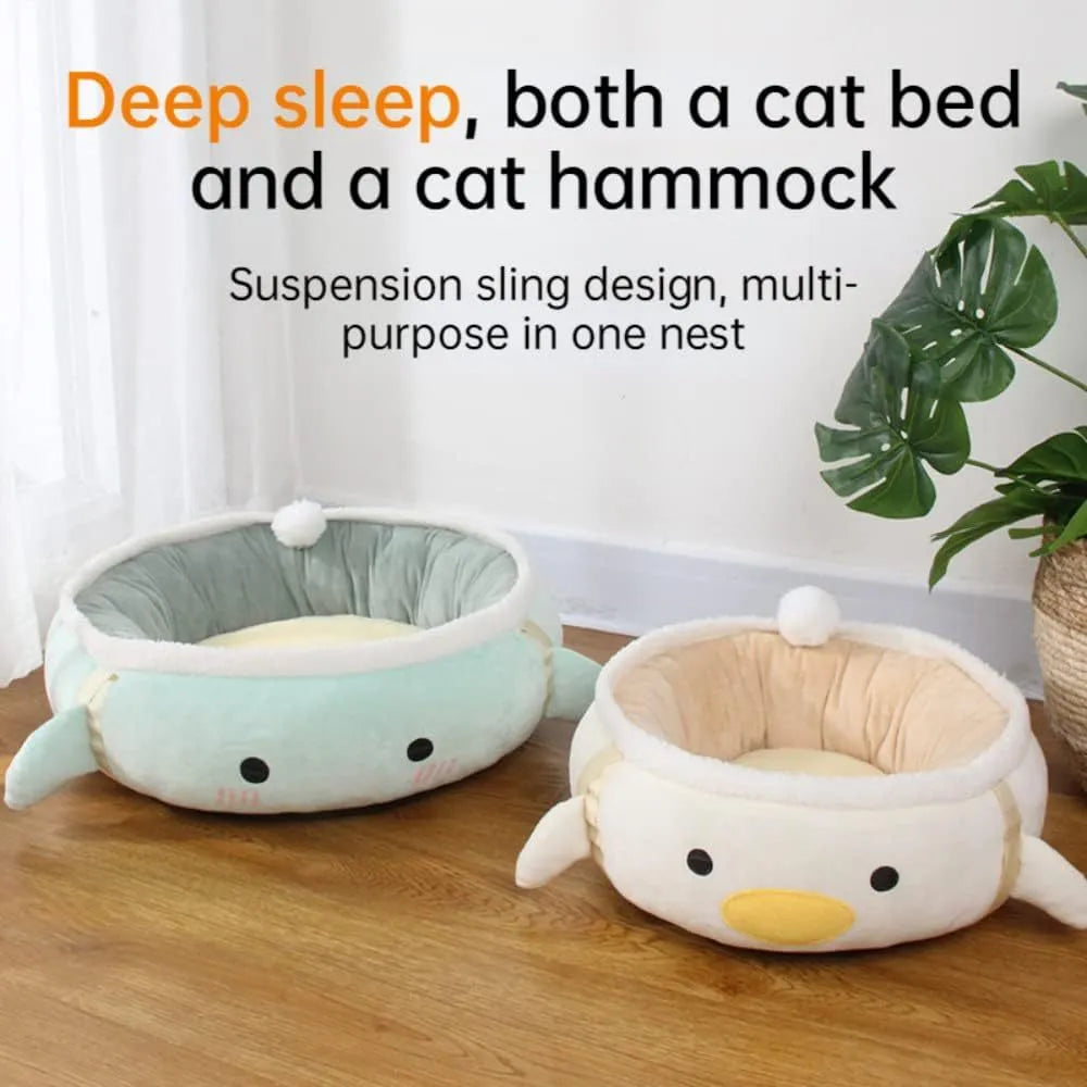 Green chick-shaped cat bed shown both laid flat and hanging as a hammock for small pets.