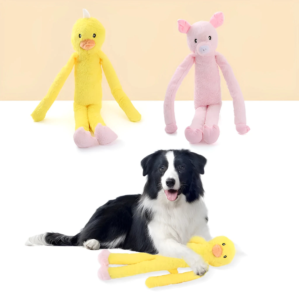 Plush golden retriever dog toy with rattle and crinkle paper in pink and yellow colours