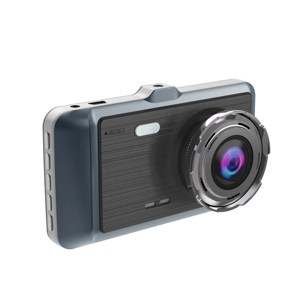 HD dual-lens driving recorder with 4 inch screen in black for windshield mount