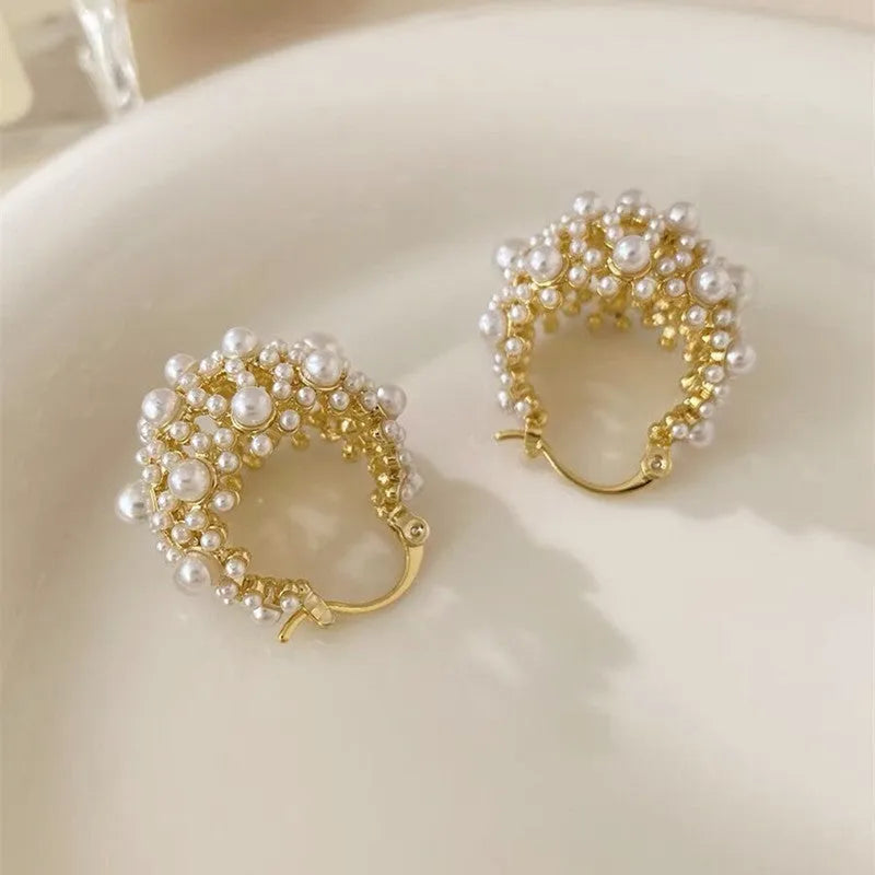 Gold flower basket earrings with pearl inlay and small rice-shaped beads for women
