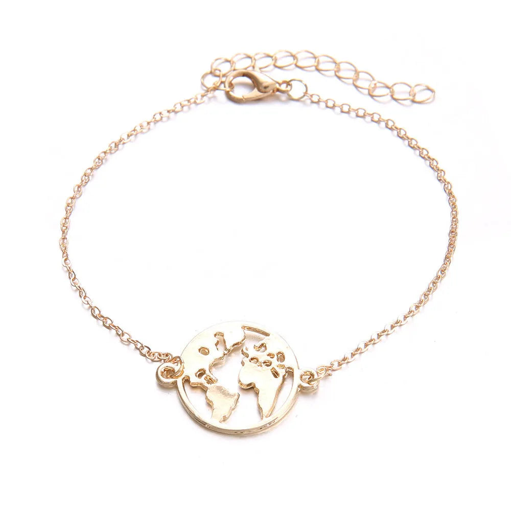 Set of three women's bohemian bracelets with heart-shaped aircraft map charms in alloy metal.