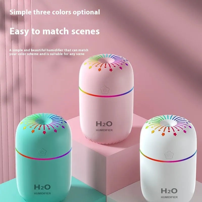 Compact white USB desk humidifier with 300ml water tank measuring 75x75x116mm