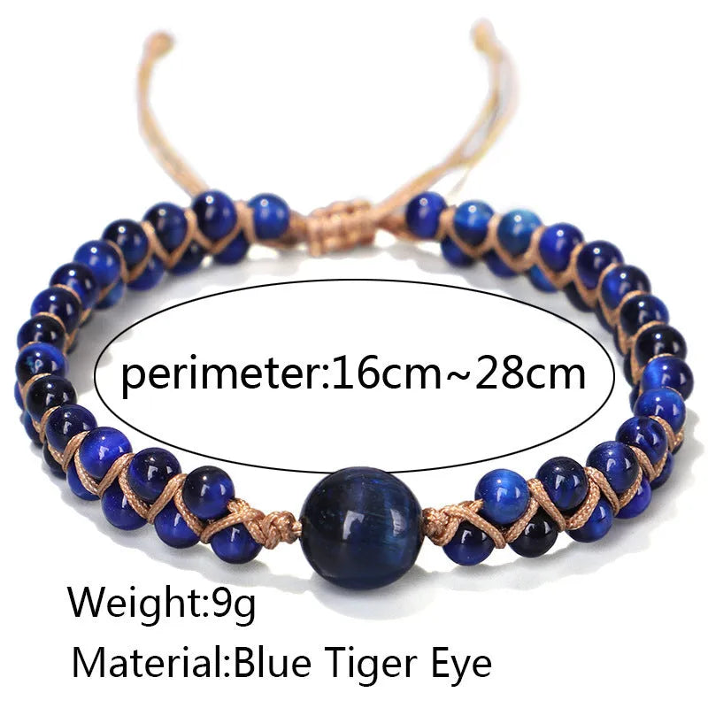 Handmade woven geometric pull bracelet with stone beads and elastic closure
