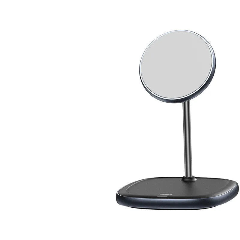 Swan magnetic wireless charging stand for iPhone 12 in black or white on a desk