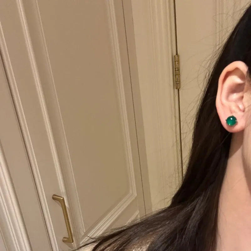 Chinese style retro geometric chalcedony stud earrings with four-claw copper settings in three colour options