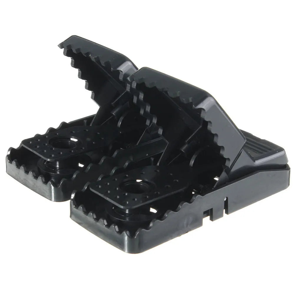 Six black snapping mousetraps with smooth plastic surface showing precise dimensions