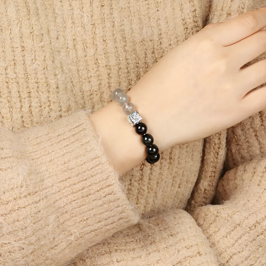 10mm geometric crystal couple bracelet in khaki with Chinese-inspired styling