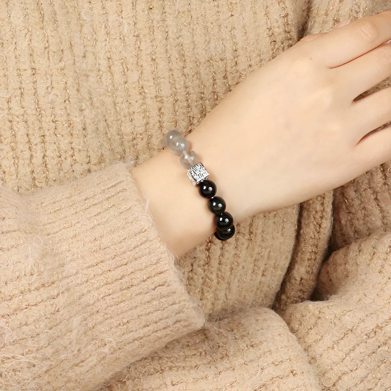 10mm geometric crystal couple bracelet in khaki with Chinese-inspired styling