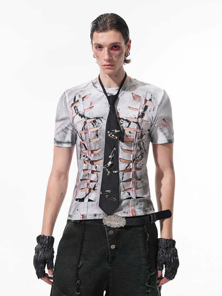 Men's white cotton T-shirt with a decorative cut-out pattern on the short sleeves and a round neck.