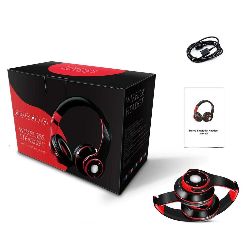 Foldable wireless Bluetooth headset with adjustable hinges in blue, red, or rose red colours