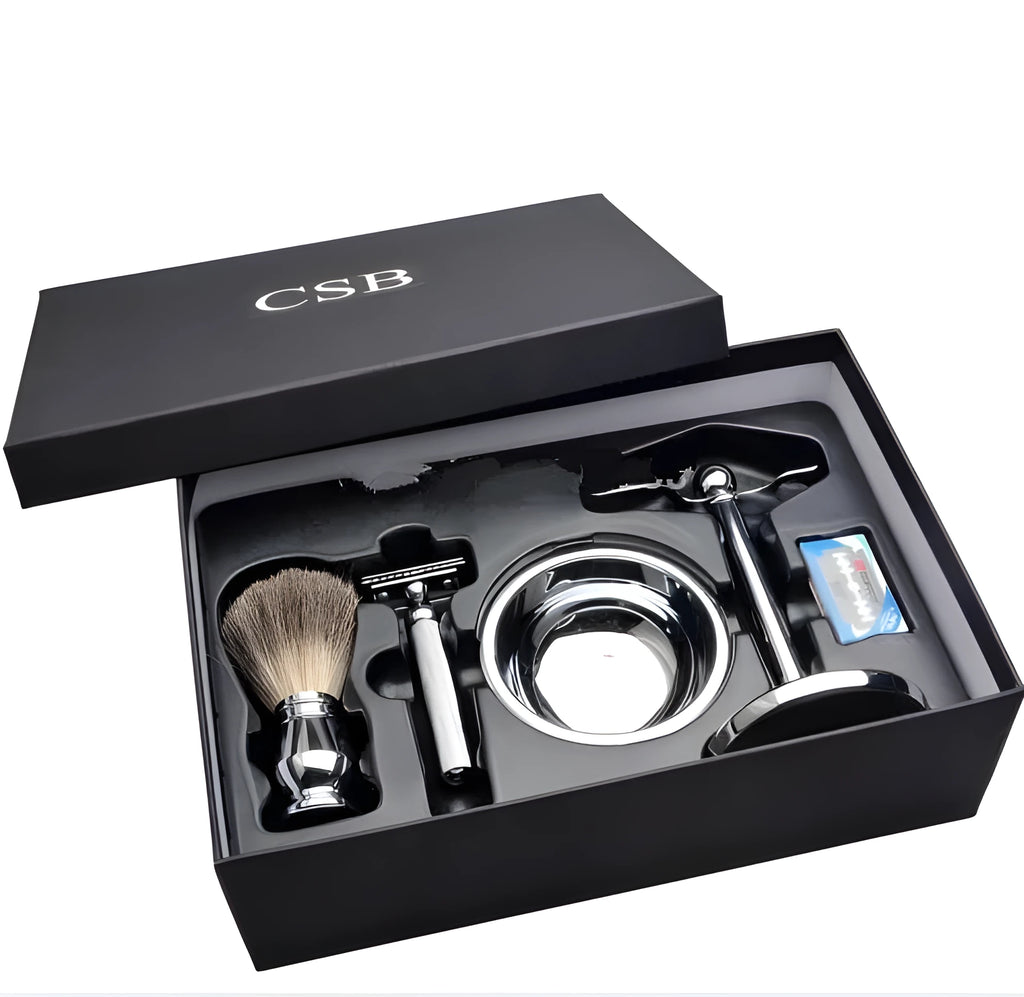 CSB men's shaving set with badger hair brush, chrome razor stand, and zinc alloy bowl