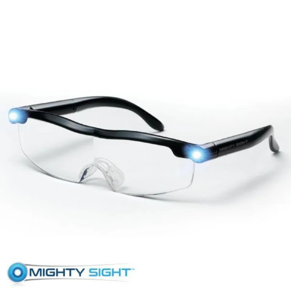 Transparent black USB LED reading glasses with integrated lighting, ABS frame, folded position