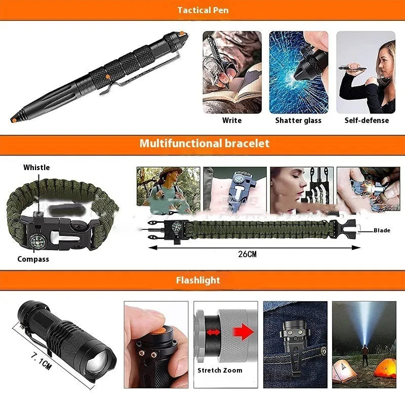Outdoor camping first aid kit survival tools suit in compact portable case measures 20.5 x 15 x 9.5 cm