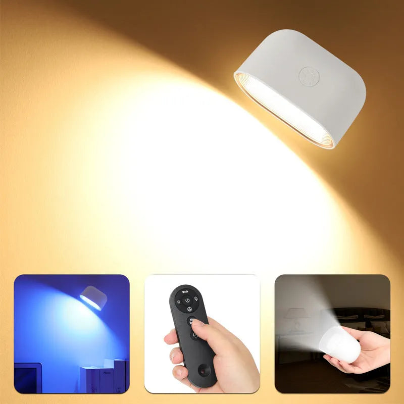 White remote touch magnetic wall lamp showing oval light panel and remote control on a wall.