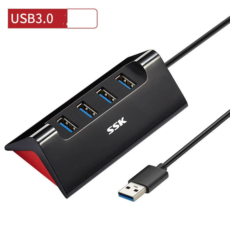 Black USB expansion dock with four ports and Micro USB power interface