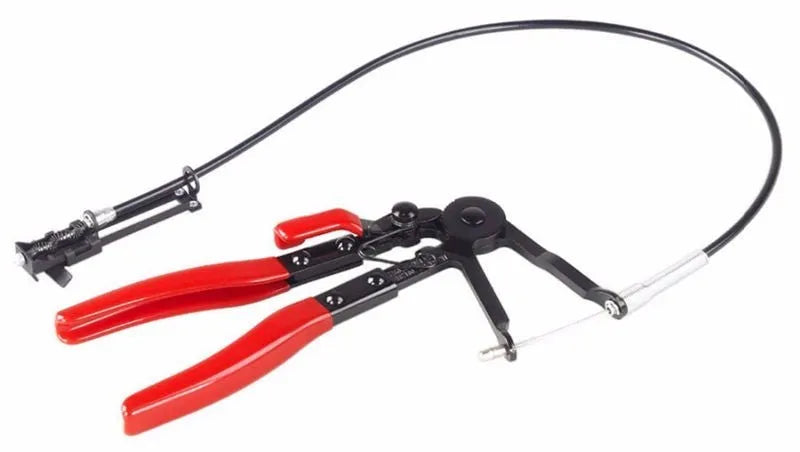 Red carbon steel flexible hose wire clamp measuring 390 by 190 by 35 millimetres on a white background