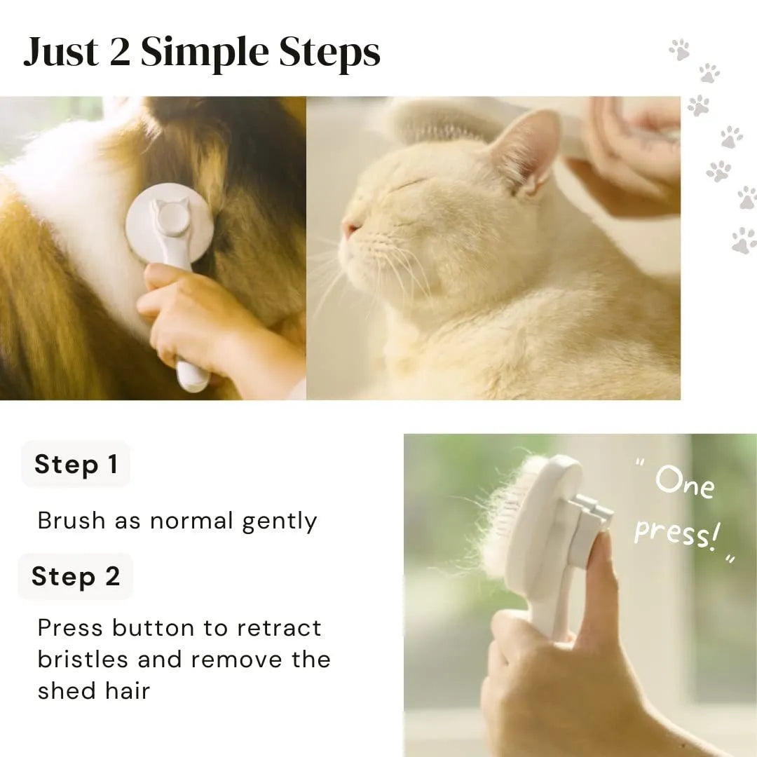 Self-cleaning slicker brush for dogs and cats with blue rubber handle and stainless steel bristles.
