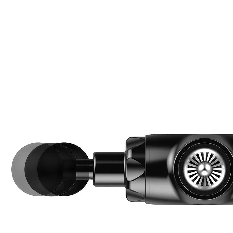 Black and white muscle massage gun with a 12mm stroke on a grey background