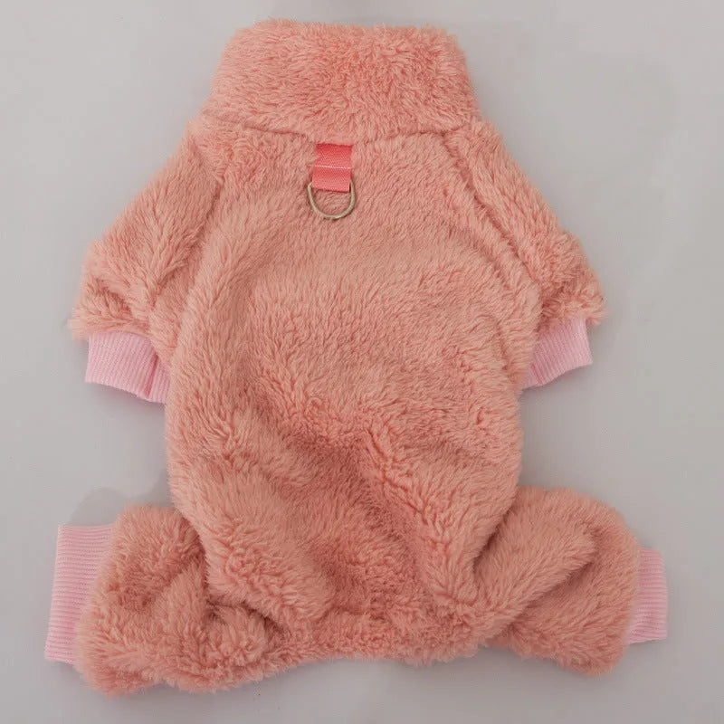 Khaki four-legged dog jumper with high collar and a towing ring on the back, made of thick plush fabric.